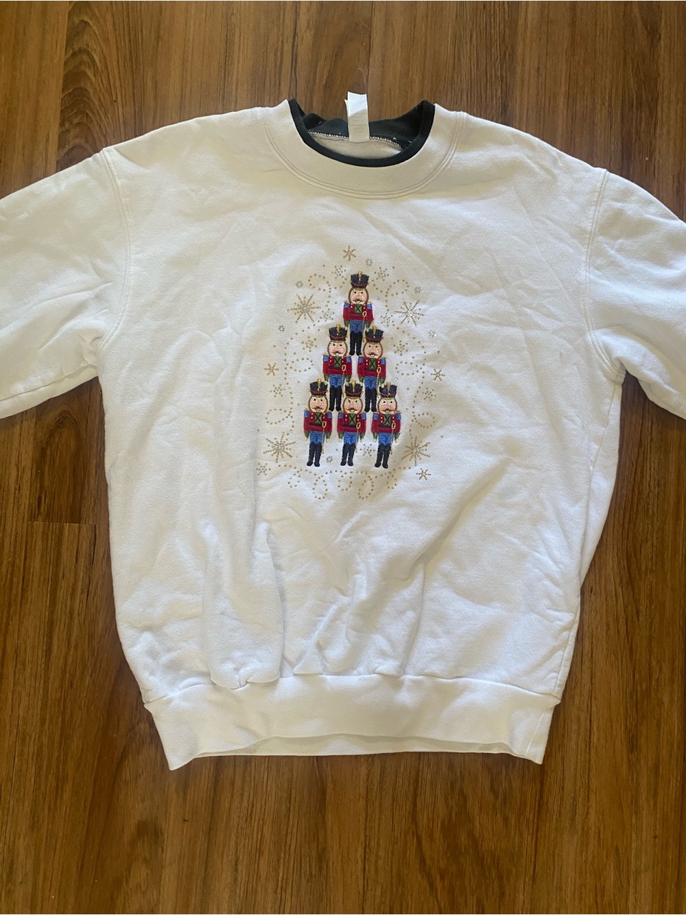 White Crewneck Sweater with Nutcracker Stack Motif